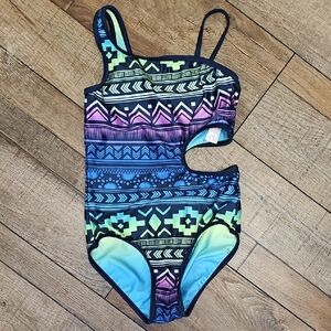 Justice Multicolor Tribal Print Kids Swim One Piece Cut Out Reversible Size 10